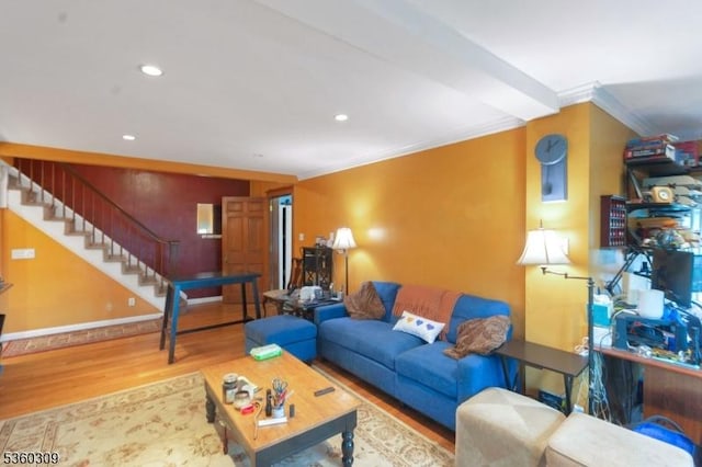 36 William St, West Orange Twp, NJ 07052 - living area featuring wood finished floors, ornamental molding, stairway, recessed lighting, and baseboards