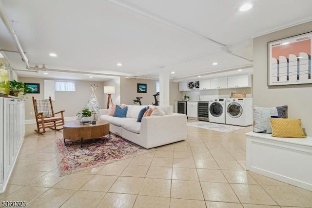 51 S Pierson Rd, Maplewood Twp, NJ 07040 - living area with separate washer and dryer, beverage cooler, light tile patterned floors, bar, and recessed lighting
