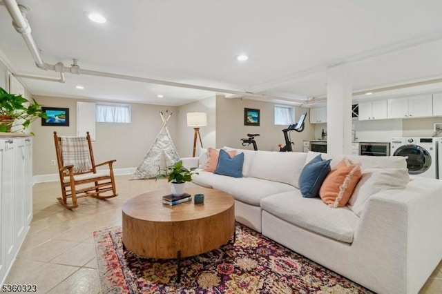 51 S Pierson Rd, Maplewood Twp, NJ 07040 - living room with recessed lighting, light tile patterned floors, washer and clothes dryer, and wine cooler