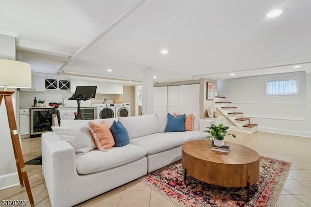 51 S Pierson Rd, Maplewood Twp, NJ 07040 - living area featuring separate washer and dryer, light tile patterned floors, beverage cooler, recessed lighting, and stairway