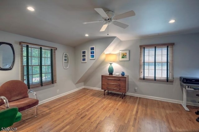 93 Cherry Ln, Bernards Twp, NJ 07920 - living area with wood finished floors, ceiling fan, vaulted ceiling, and recessed lighting
