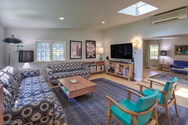 93 Cherry Ln, Bernards Twp, NJ 07920 - living room featuring an AC wall unit, a skylight, wood finished floors, lofted ceiling, and recessed lighting