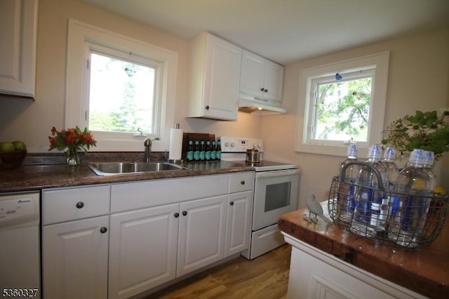 89 Leffler Hill Rd, Raritan Twp, NJ 08822 - kitchen with white appliances, under cabinet range hood, white cabinetry, and light wood-type flooring