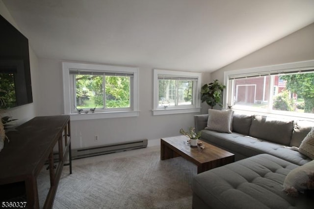 89 Leffler Hill Rd, Raritan Twp, NJ 08822 - carpeted living room featuring a baseboard radiator and lofted ceiling