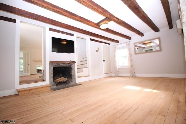 89 Leffler Hill Rd, Raritan Twp, NJ 08822 - unfurnished living room with a stone fireplace, beamed ceiling, plenty of natural light, and hardwood / wood-style flooring