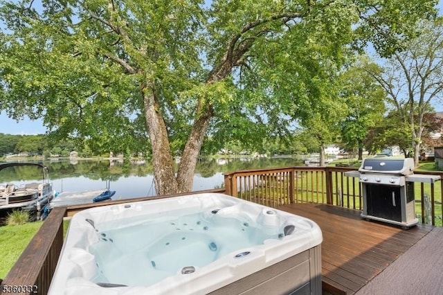 111 Lake Dr, Byram Twp, NJ 07874 - wooden deck featuring a grill, a water view, and a hot tub