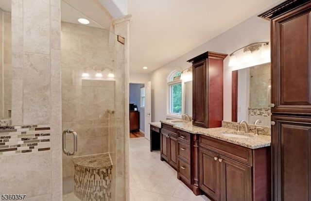 17 Druid Hill Dr, Parsippany-Troy Hills Twp, NJ 07054 - bathroom with double vanity, a stall shower, tile patterned flooring, and recessed lighting