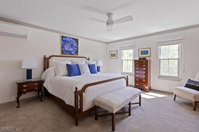 17 Steeple Chase Ct, Bedminster Twp, NJ 07921 - bedroom with an AC wall unit, crown molding, light carpet, and ceiling fan