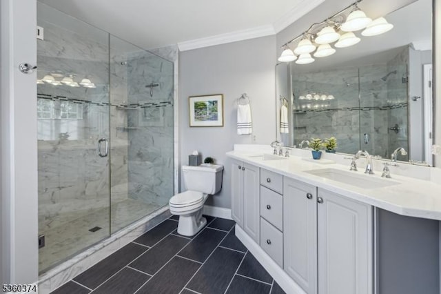 17 Steeple Chase Ct, Bedminster Twp, NJ 07921 - bathroom featuring crown molding, a marble finish shower, double vanity, toilet, and baseboards