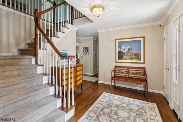 17 Steeple Chase Ct, Bedminster Twp, NJ 07921 - entrance foyer with stairway, baseboards, wood finished floors, and crown molding