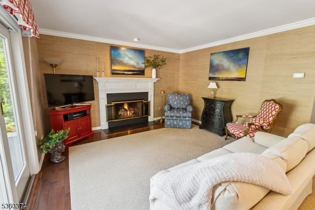 17 Steeple Chase Ct, Bedminster Twp, NJ 07921 - living room with a fireplace with flush hearth, hardwood / wood-style floors, ornamental molding, and wallpapered walls