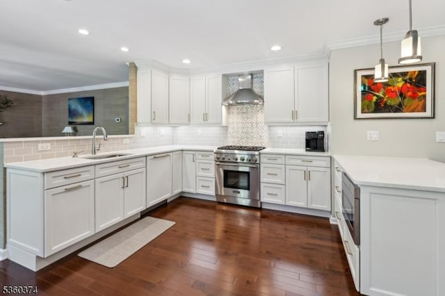 17 Steeple Chase Ct, Bedminster Twp, NJ 07921 - kitchen with appliances with stainless steel finishes, a peninsula, a sink, wall chimney range hood, and backsplash
