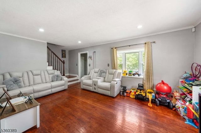 896 Maurice Ave, Rahway City, NJ 07065 - living room featuring ornamental molding, wood finished floors, recessed lighting, and stairway