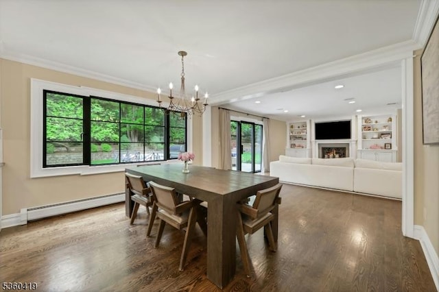 325 Hobar Ct, Franklin Lakes Boro, NJ 07417 - dining room featuring baseboard heating, ornamental molding, a chandelier, wood finished floors, and a lit fireplace