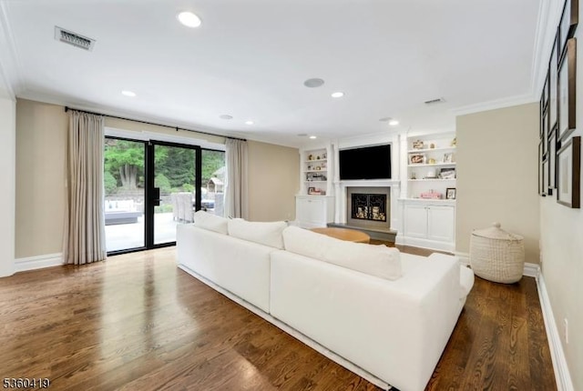 325 Hobar Ct, Franklin Lakes Boro, NJ 07417 - living room with a fireplace with raised hearth, baseboards, wood finished floors, built in features, and recessed lighting
