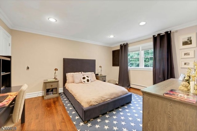 325 Hobar Ct, Franklin Lakes Boro, NJ 07417 - bedroom with wood finished floors, ornamental molding, baseboard heating, baseboards, and recessed lighting