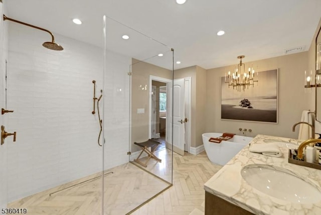 325 Hobar Ct, Franklin Lakes Boro, NJ 07417 - bathroom with walk in shower, double vanity, a chandelier, a freestanding bath, and recessed lighting