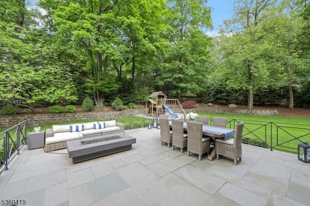 325 Hobar Ct, Franklin Lakes Boro, NJ 07417 - view of patio / terrace featuring outdoor lounge area, a playground, and outdoor dining area