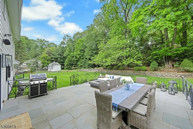 325 Hobar Ct, Franklin Lakes Boro, NJ 07417 - view of patio / terrace featuring outdoor dining space, grilling area, an outdoor living space, and view of wooded area