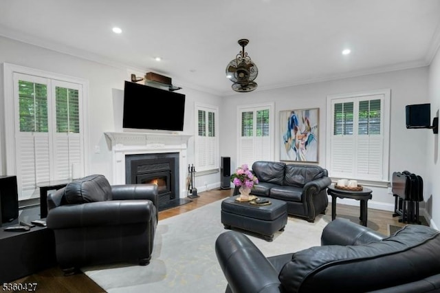 151 Hurd St, Mine Hill Twp, NJ 07803 - living area featuring plenty of natural light, crown molding, wood finished floors, recessed lighting, and a fireplace with flush hearth