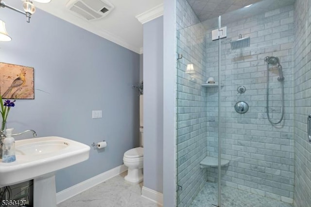 151 Hurd St, Mine Hill Twp, NJ 07803 - full bath featuring toilet, a shower stall, ornamental molding, baseboards, and marble finish flooring