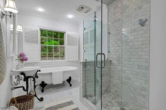151 Hurd St, Mine Hill Twp, NJ 07803 - full bathroom featuring ornamental molding, a soaking tub, a shower stall, marble finish floors, and recessed lighting
