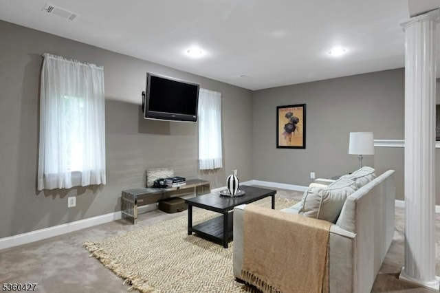 151 Hurd St, Mine Hill Twp, NJ 07803 - living area featuring baseboards, decorative columns, recessed lighting, and carpet flooring