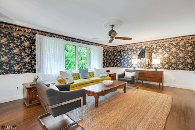 151 Hurd St, Mine Hill Twp, NJ 07803 - living room with wallpapered walls, wainscoting, baseboards, a ceiling fan, and wood finished floors