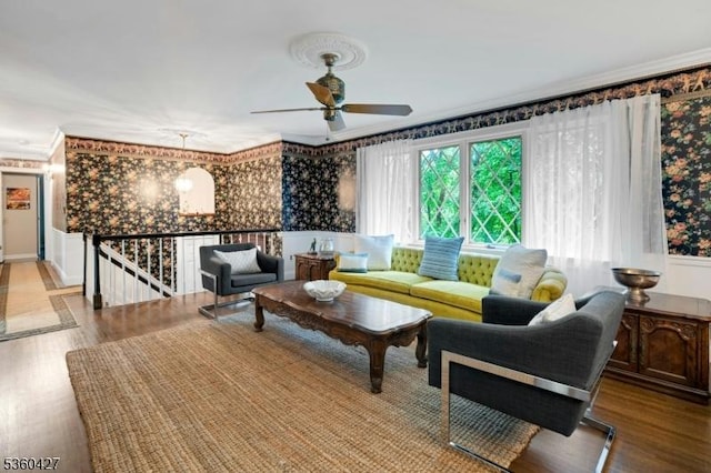 151 Hurd St, Mine Hill Twp, NJ 07803 - living room with wood finished floors, wallpapered walls, ornamental molding, and ceiling fan