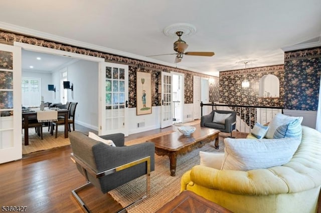 151 Hurd St, Mine Hill Twp, NJ 07803 - living room with wallpapered walls, crown molding, a ceiling fan, wood finished floors, and baseboards