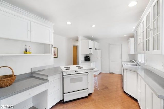 6 Evergreen Pl, Washington Twp, NJ 07840 - kitchen featuring white appliances, white cabinetry, light wood-type flooring, glass insert cabinets, and recessed lighting