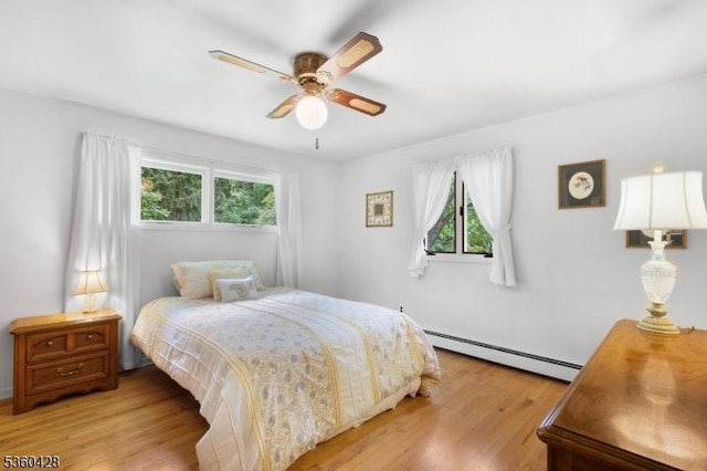6 Evergreen Pl, Washington Twp, NJ 07840 - bedroom featuring a baseboard radiator, multiple windows, light wood finished floors, and ceiling fan