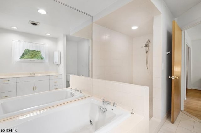 6 Evergreen Pl, Washington Twp, NJ 07840 - full bath with a bath, vanity, tile patterned flooring, a tile shower, and recessed lighting