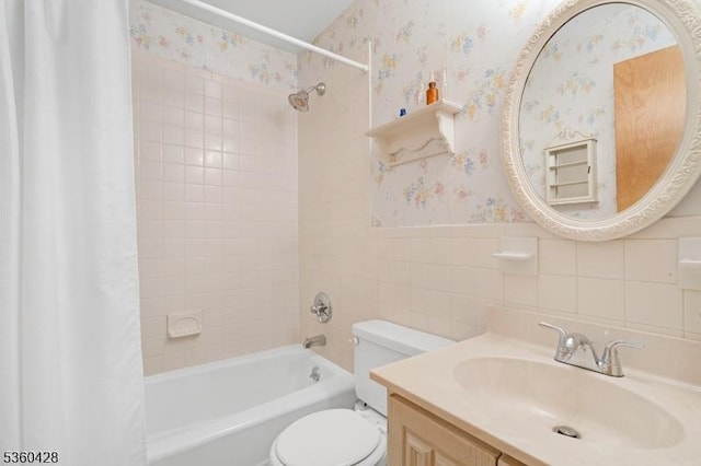 6 Evergreen Pl, Washington Twp, NJ 07840 - bathroom featuring shower / tub combo with curtain, wallpapered walls, vanity, tile walls, and wainscoting