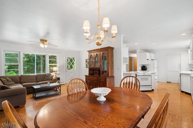 6 Evergreen Pl, Washington Twp, NJ 07840 - dining area with ceiling fan, light wood-style floors, a chandelier, a baseboard radiator, and recessed lighting