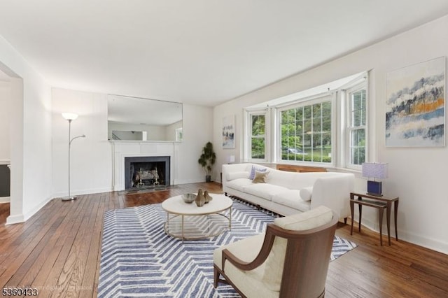 8 Pine Tree Ter, Madison Boro, NJ 07940 - living area with wood-type flooring, baseboards, and a fireplace with flush hearth