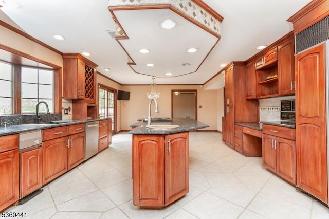 60 Queens Rd, Rockaway Twp, NJ 07866 - kitchen with stainless steel dishwasher, dark countertops, a sink, backsplash, and recessed lighting