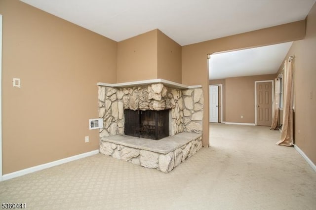 60 Queens Rd, Rockaway Twp, NJ 07866 - unfurnished living room with carpet, a stone fireplace, and baseboards