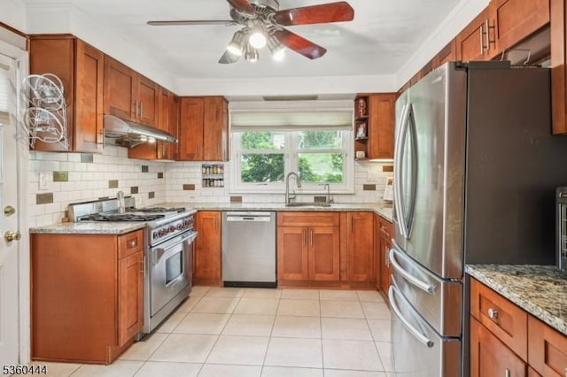 12 Beaumont Ter, West Orange Twp, NJ 07052 - kitchen featuring stainless steel appliances, under cabinet range hood, a sink, a ceiling fan, and tasteful backsplash