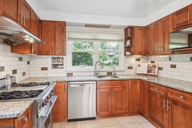 12 Beaumont Ter, West Orange Twp, NJ 07052 - kitchen with stainless steel appliances, a sink, under cabinet range hood, light stone counters, and backsplash