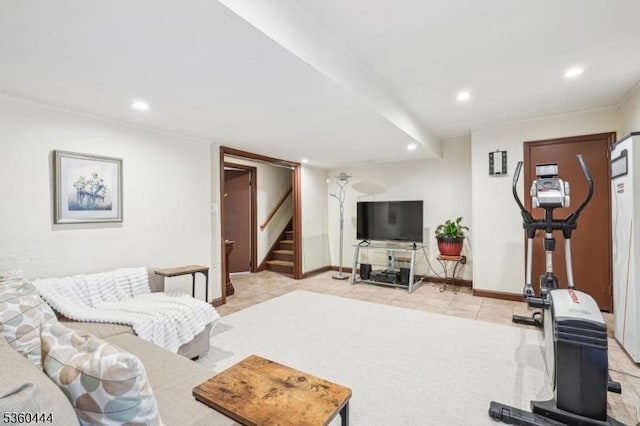 12 Beaumont Ter, West Orange Twp, NJ 07052 - living room featuring light tile patterned floors, stairs, recessed lighting, and baseboards