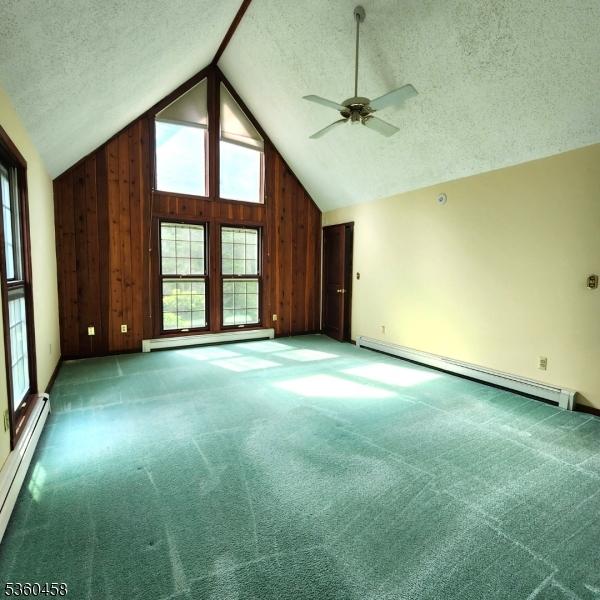 161 Neilson Rd, Wantage Twp, NJ 07461 - additional living space featuring baseboard heating, plenty of natural light, a textured ceiling, wood walls, and high vaulted ceiling