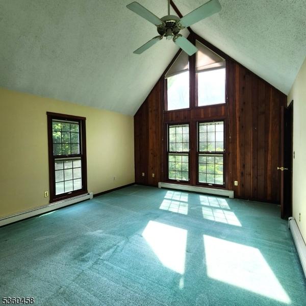 161 Neilson Rd, Wantage Twp, NJ 07461 - unfurnished living room featuring a baseboard radiator, plenty of natural light, wooden walls, carpet floors, and a ceiling fan