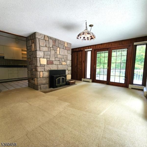 161 Neilson Rd, Wantage Twp, NJ 07461 - unfurnished living room featuring carpet flooring, a textured ceiling, and wood walls