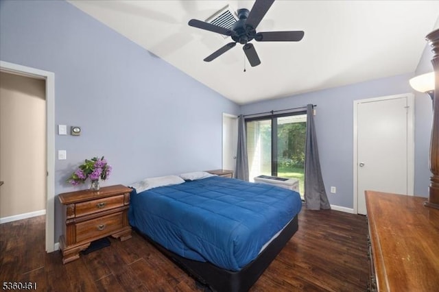 39 Hillside Ct, Union Twp, NJ 08809 - bedroom featuring lofted ceiling, wood finished floors, access to exterior, and a ceiling fan