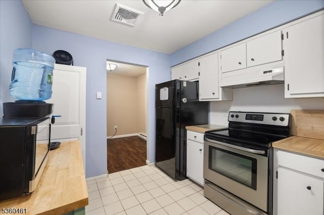 39 Hillside Ct, Union Twp, NJ 08809 - kitchen featuring electric range, under cabinet range hood, freestanding refrigerator, white cabinetry, and light countertops
