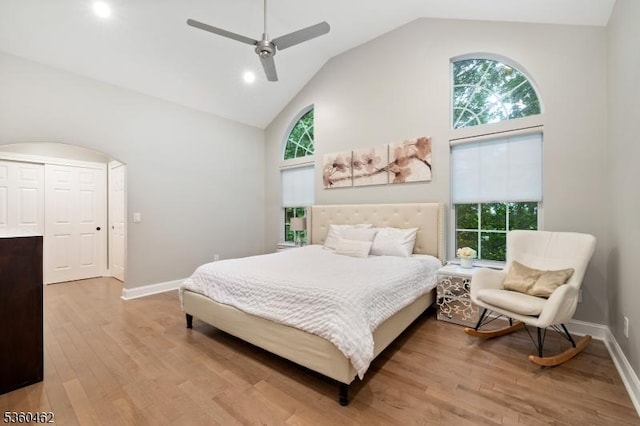 18 Hartley Ln, Bernards Twp, NJ 07920 - bedroom with high vaulted ceiling, light wood-style floors, recessed lighting, baseboards, and ceiling fan