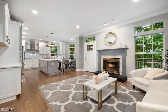18 Hartley Ln, Bernards Twp, NJ 07920 - living area featuring ornamental molding, a fireplace, recessed lighting, wood finished floors, and baseboards