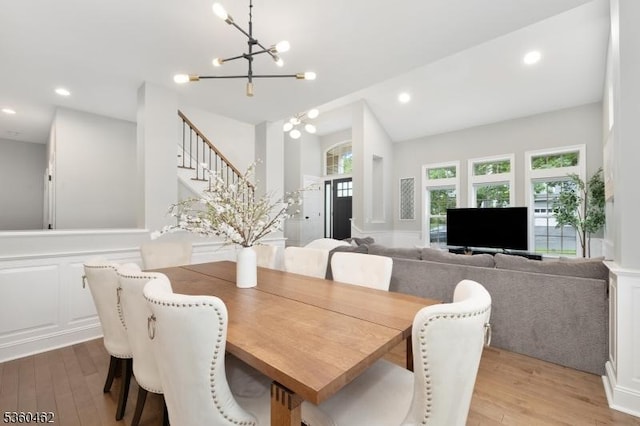 18 Hartley Ln, Bernards Twp, NJ 07920 - dining area featuring a chandelier, light wood-style floors, stairway, and recessed lighting