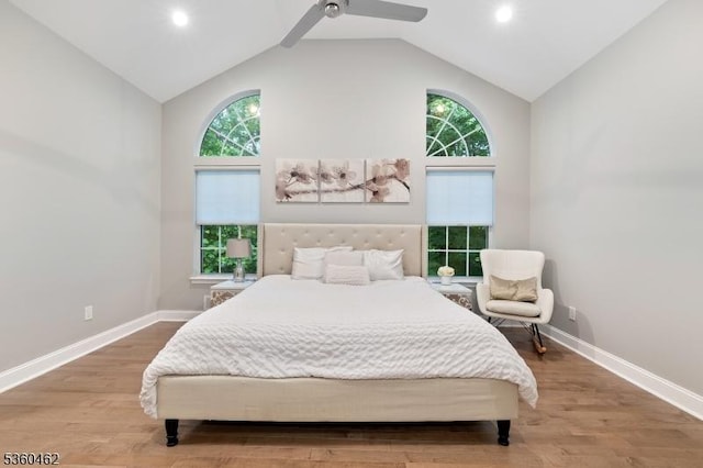 18 Hartley Ln, Bernards Twp, NJ 07920 - bedroom with high vaulted ceiling, wood finished floors, baseboards, recessed lighting, and a ceiling fan